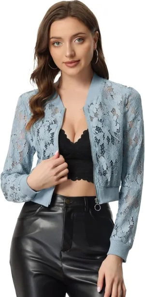 Allegra K Women's Crop Jacket Stand Collar Zip Up Sexy Sheer Gothic Lace Lightweight Baseball Jacket