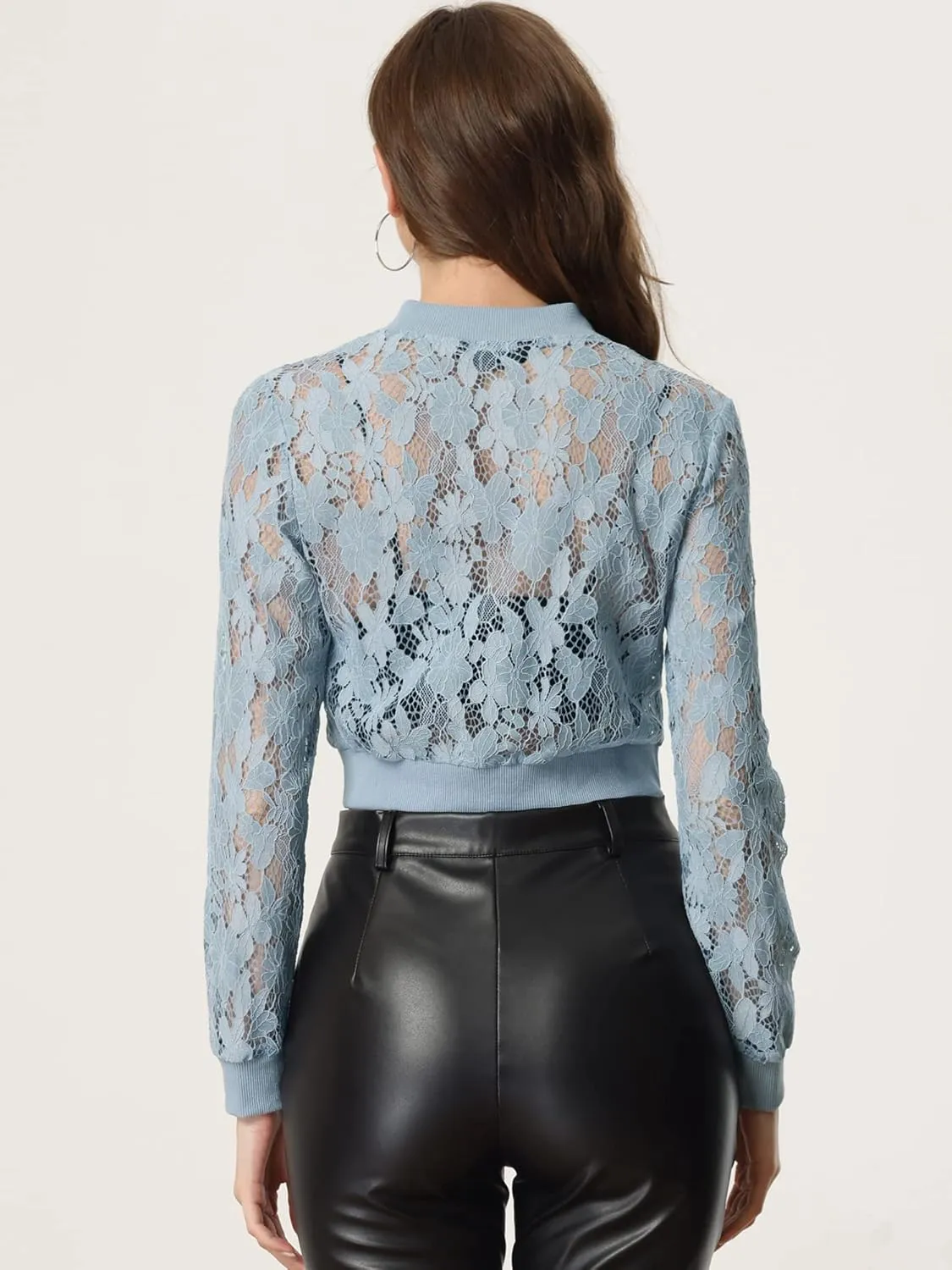 Allegra K Women's Crop Jacket Stand Collar Zip Up Sexy Sheer Gothic Lace Lightweight Baseball Jacket