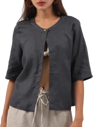 Amazhiyu Women Pure Linen Open Front Cropped Cardigan Elbow Sleeve Summer Jacket