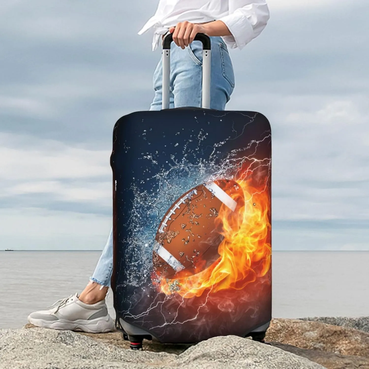 American Football Luggage Suitcase Covers Elastic Washable Rugby Ball Luggage Protector Travel Suitcase Protective Cover For Kid And Adult, M (Fit 22-24 Inch Luggage)