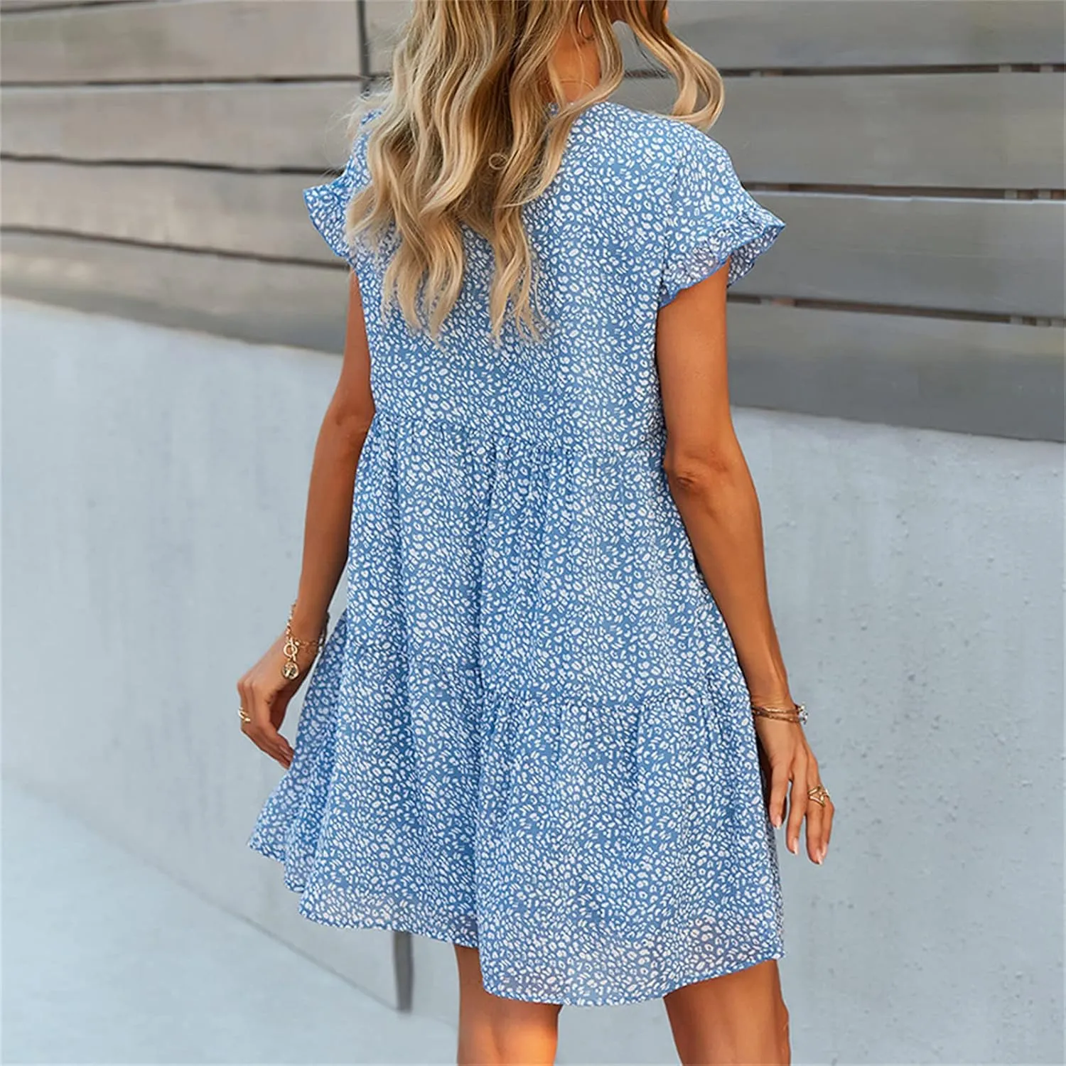 Andongnywell Women's Summer Wrap V Neck Bohemian Floral Print Ruffle Swing A Line Beach Mini Dress