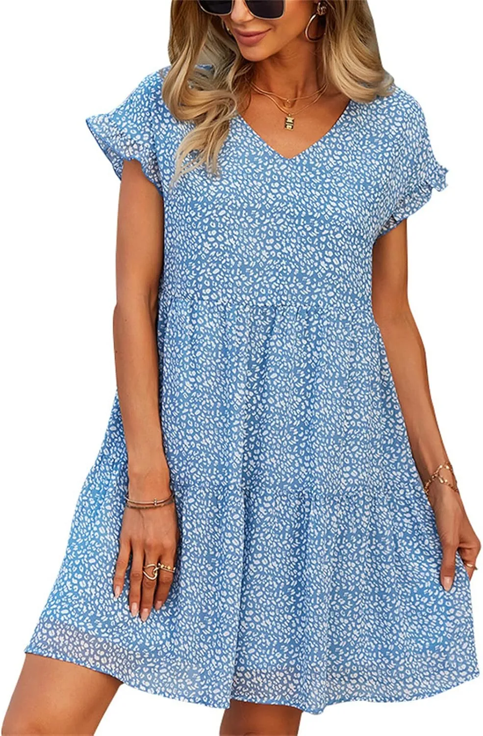 Andongnywell Women's Summer Wrap V Neck Bohemian Floral Print Ruffle Swing A Line Beach Mini Dress