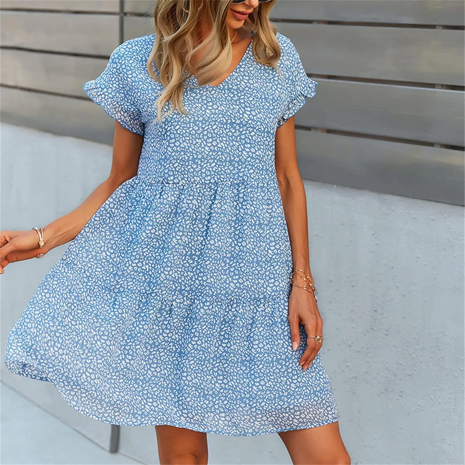 Andongnywell Women's Summer Wrap V Neck Bohemian Floral Print Ruffle Swing A Line Beach Mini Dress