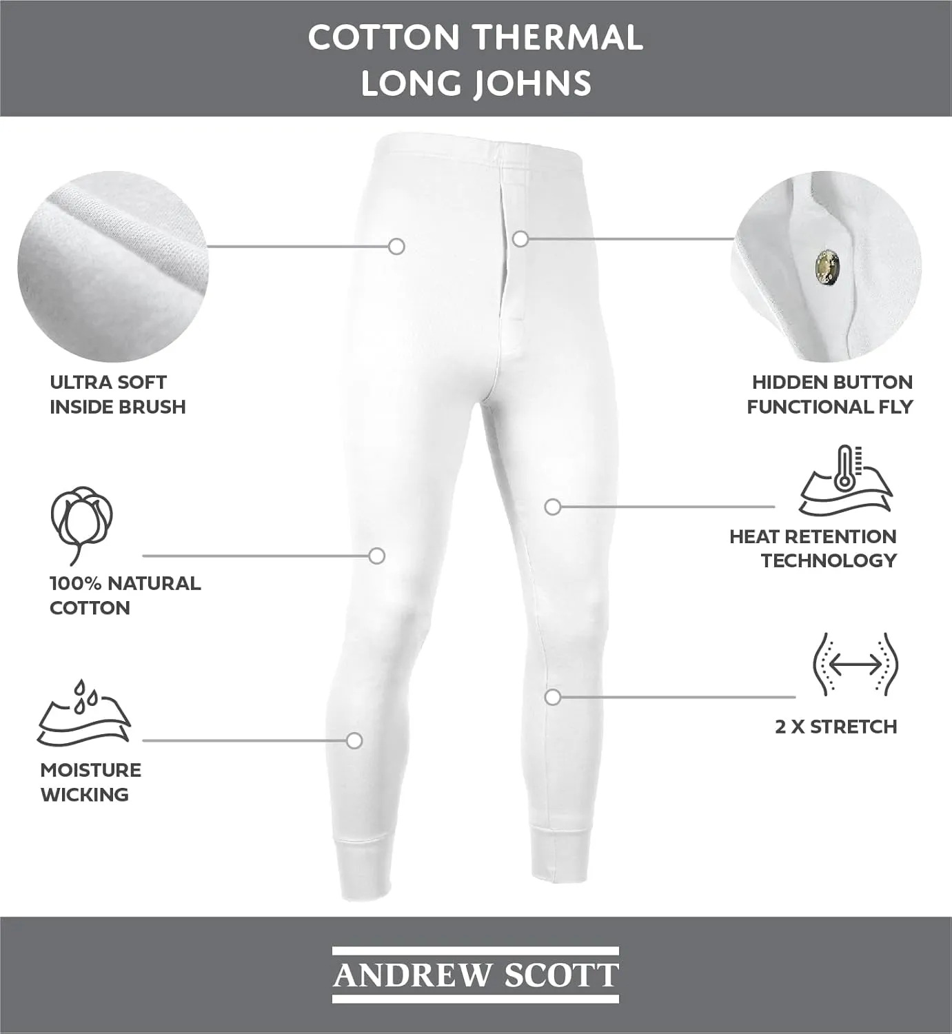 Andrew Scott Men's 3 Pack Premium Cotton Base Layer Long Thermal Underwear Pants