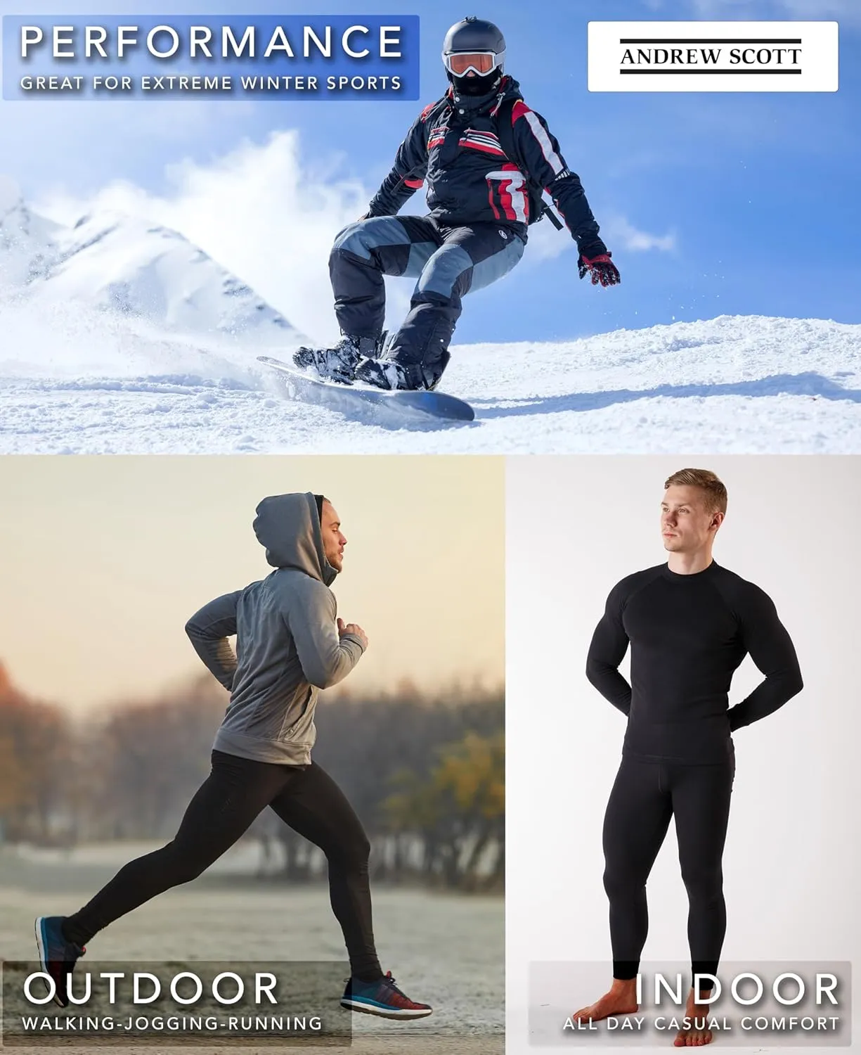 Andrew Scott Men's 3 Pack Premium Cotton Base Layer Long Thermal Underwear Pants