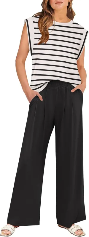 ANRABESS Women 2 Piece Outfits Tank Top & Palazzo Pants 2025 Summer Lounge Matching Sets Travel Vacation Beach Clothing