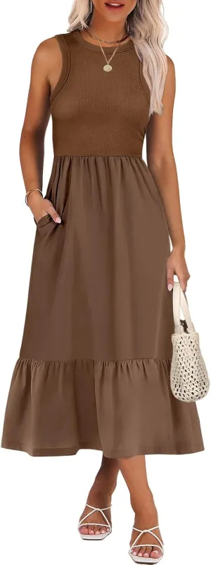 ANRABESS Women Midi Dresses 2025 Summer Casual Sleeveless Sundress High Neck Tank Top Racerback Flowy Beach Dress  Pockets