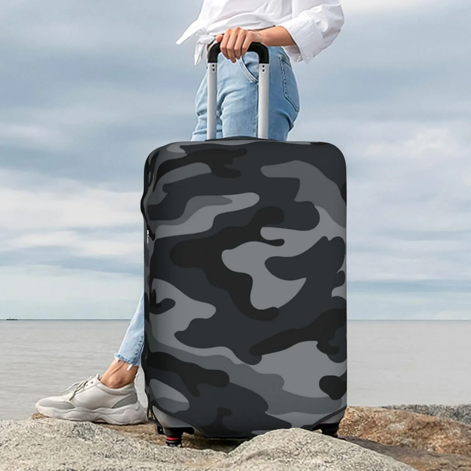 Army Camouflages Pattern Luggage Suitcase Covers Elastic Washable Black And Grey Camo Luggage Protector Travel Suitcase Protective Cover For Kid And Adult, M (Fit 22-24 Inch Luggage)