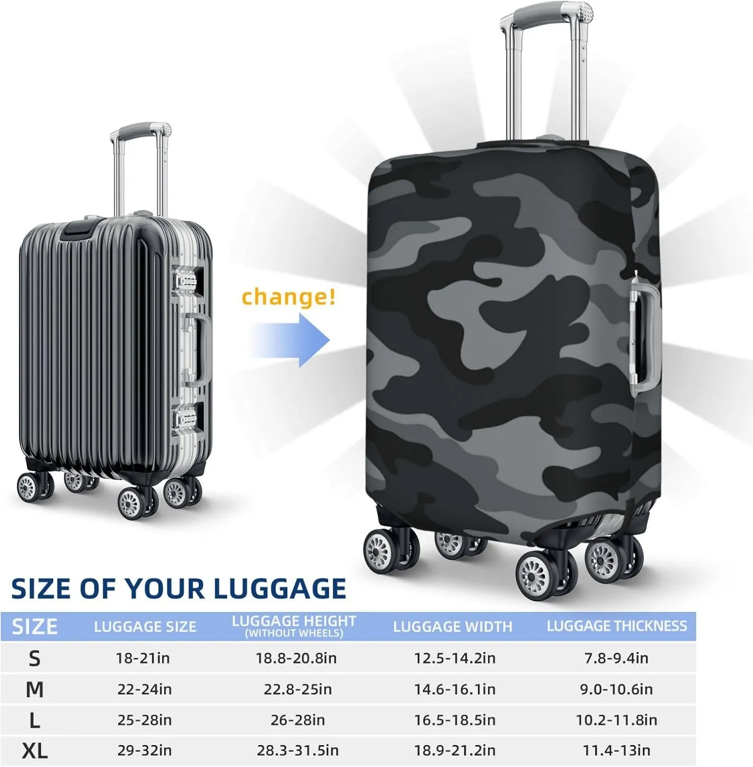 Army Camouflages Pattern Luggage Suitcase Covers Elastic Washable Black And Grey Camo Luggage Protector Travel Suitcase Protective Cover For Kid And Adult, M (Fit 22-24 Inch Luggage)