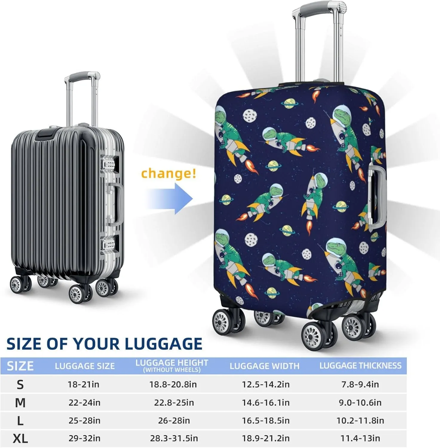 Astronaut Dinosaur Print Luggage Covers For Suitcase,Elastic Washable & Stretchable Suitcase Covers For Luggage, Anti-Scratch - Fits 18-32 Inch Luggage-No Luggage Included