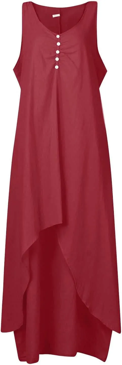 Aymnlox Sundresses for Women 2023 Trendy Casual Cotton Linen Sleeveless Tank Dress with Pockets Summer Double Layer Dresses