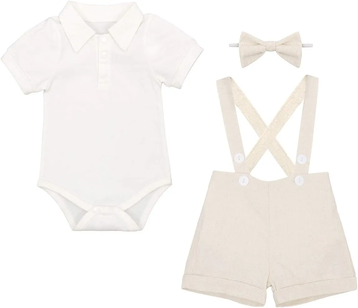 Baby Boys Formal Suit Set Short Sleeve Romper Suspenders Shorts Pants Bowtie Wedding Tuxedo Outfits Cake Smash Clothes