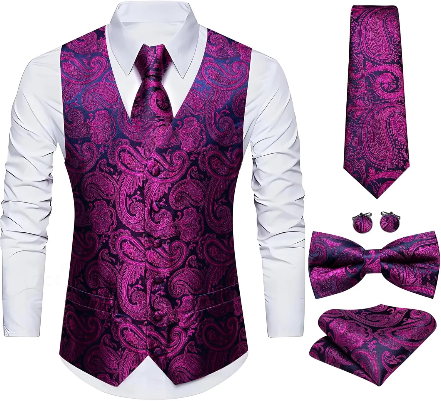 Barry.Wang Men's Suit Vest Tie and Bow Tie Set Formal Solid Paisley Handkerchief Cufflink Woven Wedding Party Waistcoat