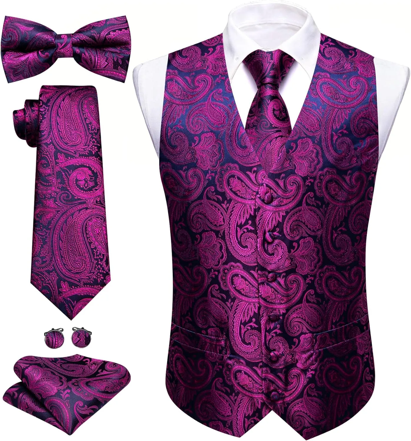 Barry.Wang Men's Suit Vest Tie and Bow Tie Set Formal Solid Paisley Handkerchief Cufflink Woven Wedding Party Waistcoat