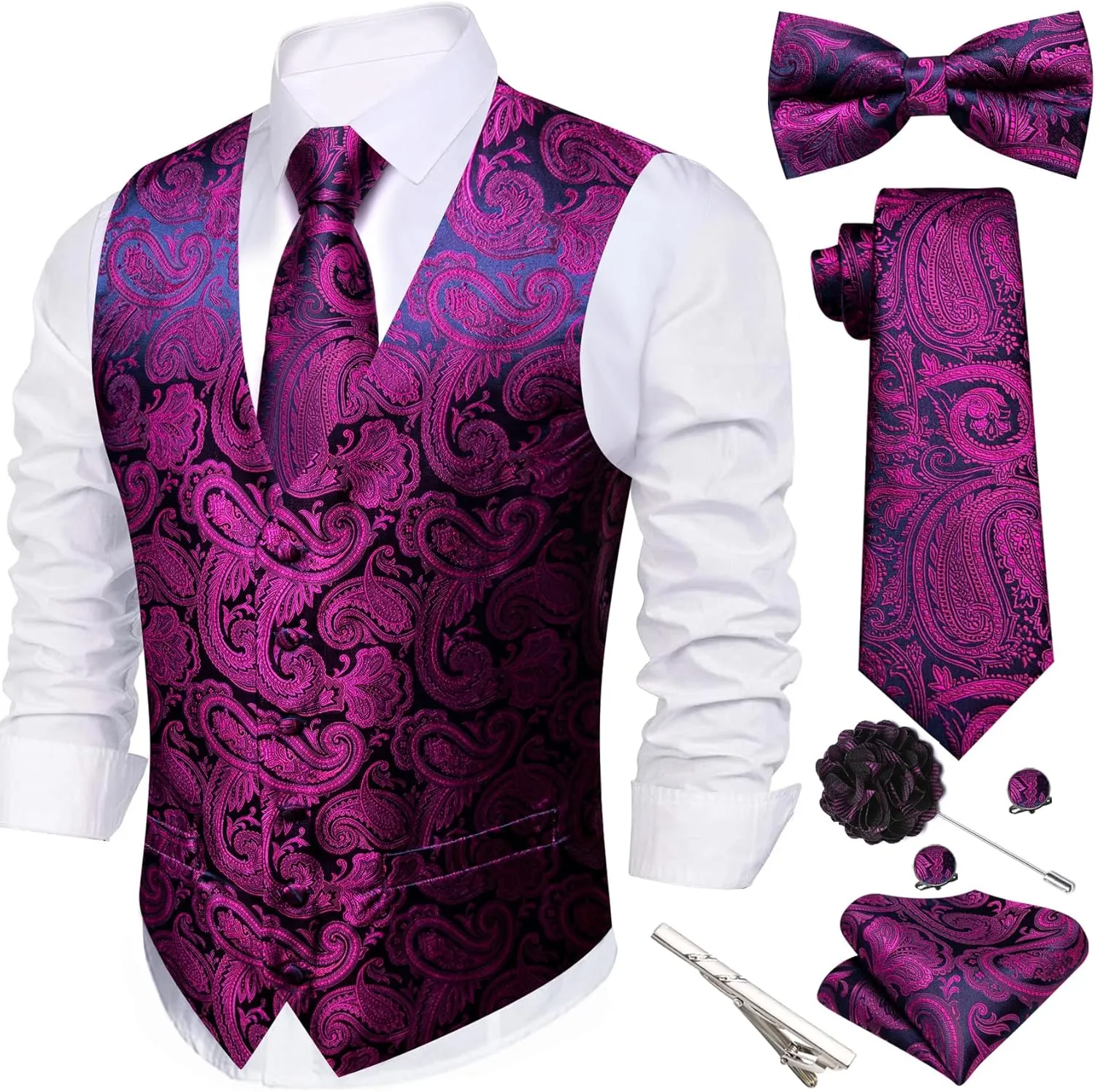Barry.Wang Men's Suit Vest Tie and Bow Tie Set Formal Solid Paisley Handkerchief Cufflink Woven Wedding Party Waistcoat