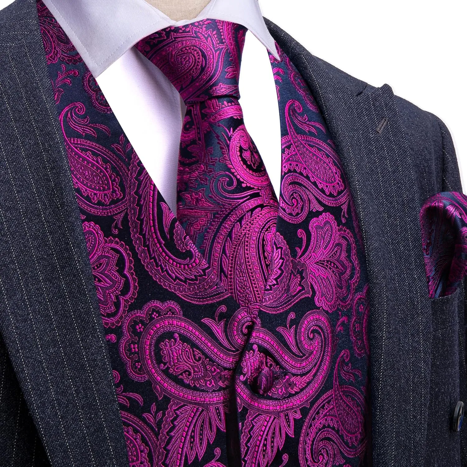Barry.Wang Men's Suit Vest Tie and Bow Tie Set Formal Solid Paisley Handkerchief Cufflink Woven Wedding Party Waistcoat