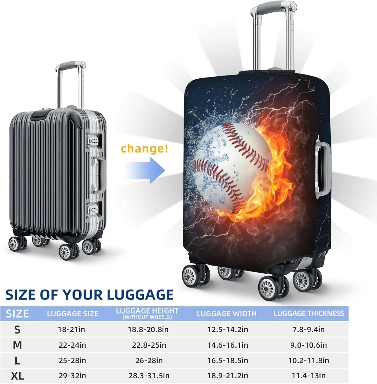 Baseball In The Water And Fire Luggage Suitcase Covers Elastic Washable Baseball Ball Lover Luggage Protector Travel Suitcase Protective Cover For Kid And Adult, M (Fit 22-24 Inch Luggage)