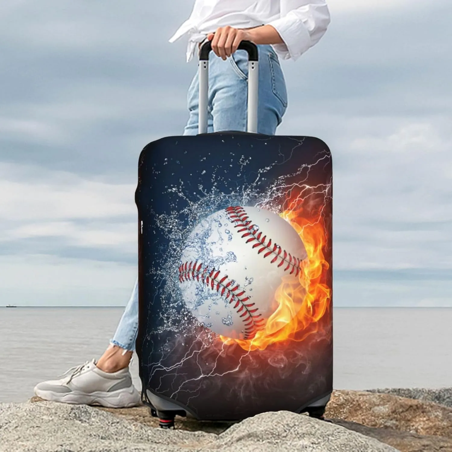 Baseball In The Water And Fire Luggage Suitcase Covers Elastic Washable Baseball Ball Lover Luggage Protector Travel Suitcase Protective Cover For Kid And Adult, M (Fit 22-24 Inch Luggage)
