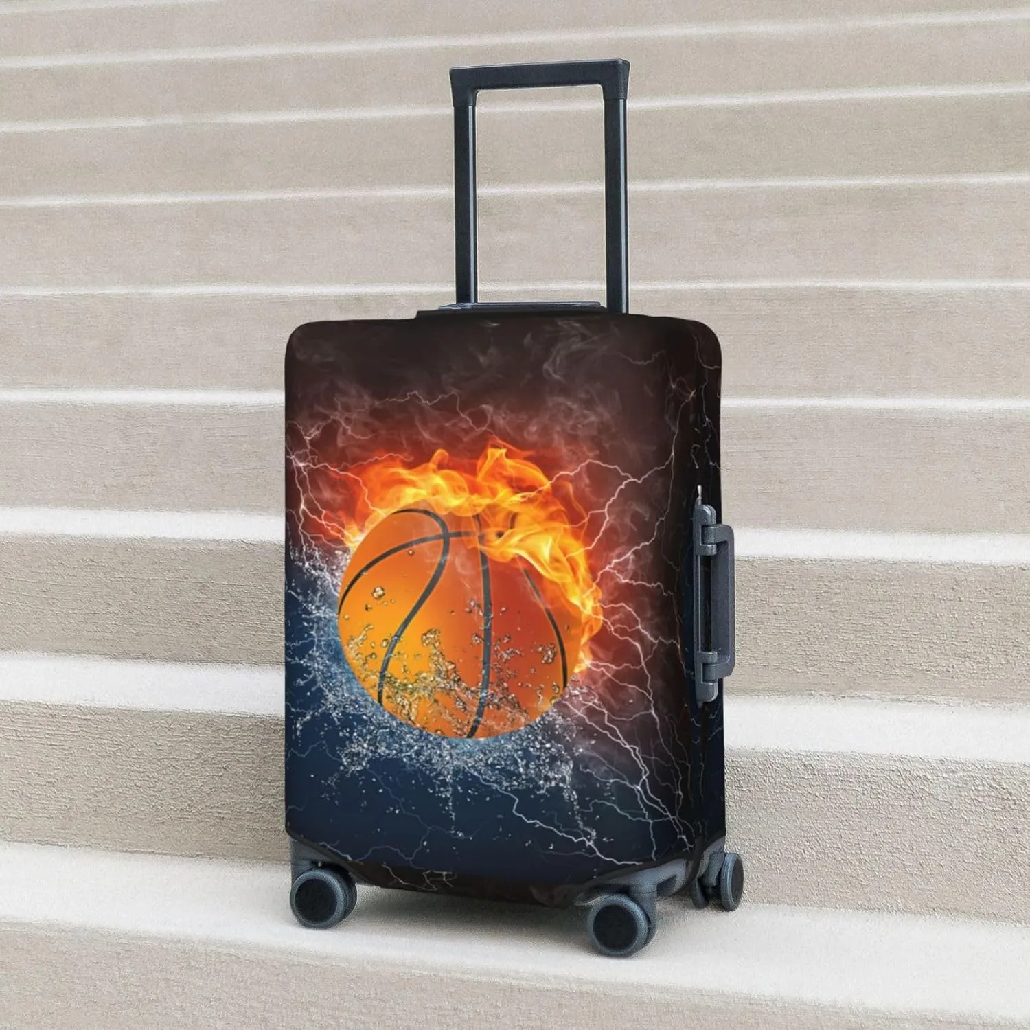 Basketball In Water And Fire Luggage Suitcase Cover Elastic Washable Basketball Lover Luggage Protector Travel Suitcase Protective Cover For Kid And Adult, M (Fit 22-24 Inch Luggage)