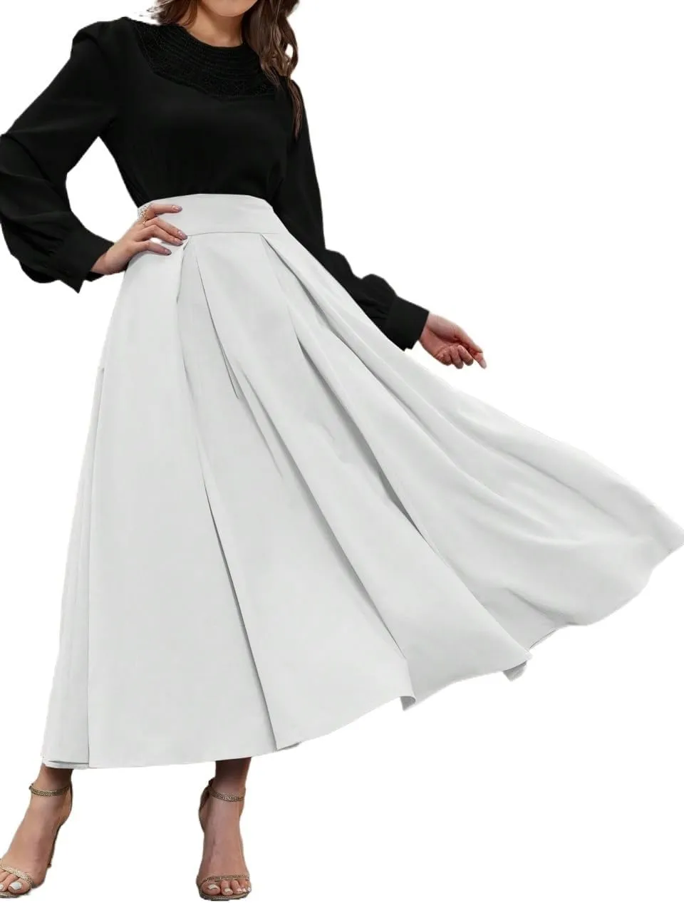 Beach Causal Women's Skirt Women High Waist Pleated Solid Color A-Line Midi Skirt Elegant