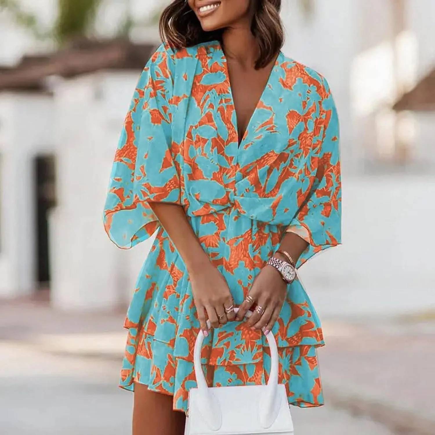 Beach Dresses for Women,2023 Summer Casual Trendy Loose Batwing Sleeve Mini Dress,Floral Flowy Hem Boho Dress