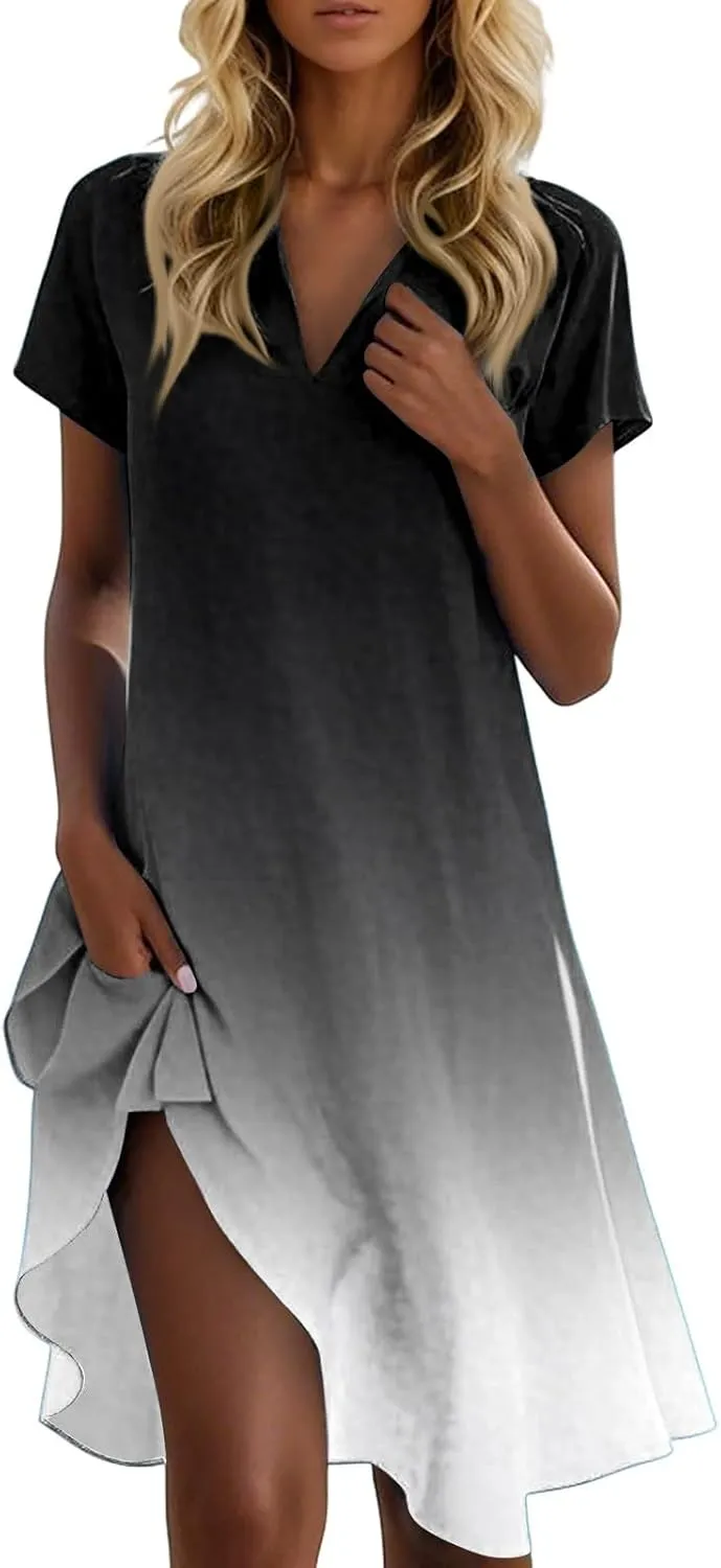 Beach Vacation Clothes for Women Womens Summer Dresses Trendy 2025 V-Neck Short Sleeve Sundress Novelty Dress