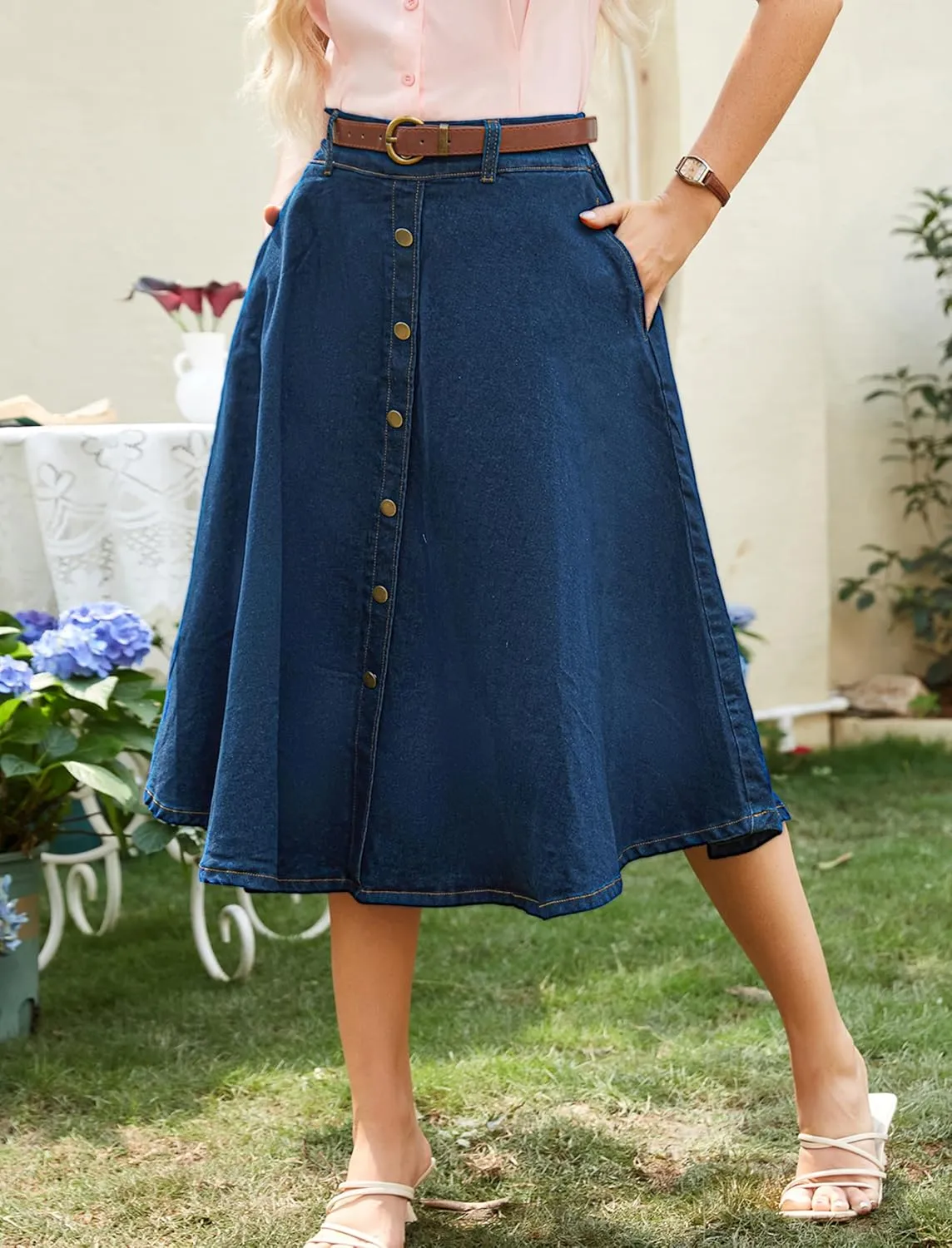 Belle Poque Women's Denim Skirts Vintage Below Knee Length High Waist A-Line Jean Skirts with Pockets