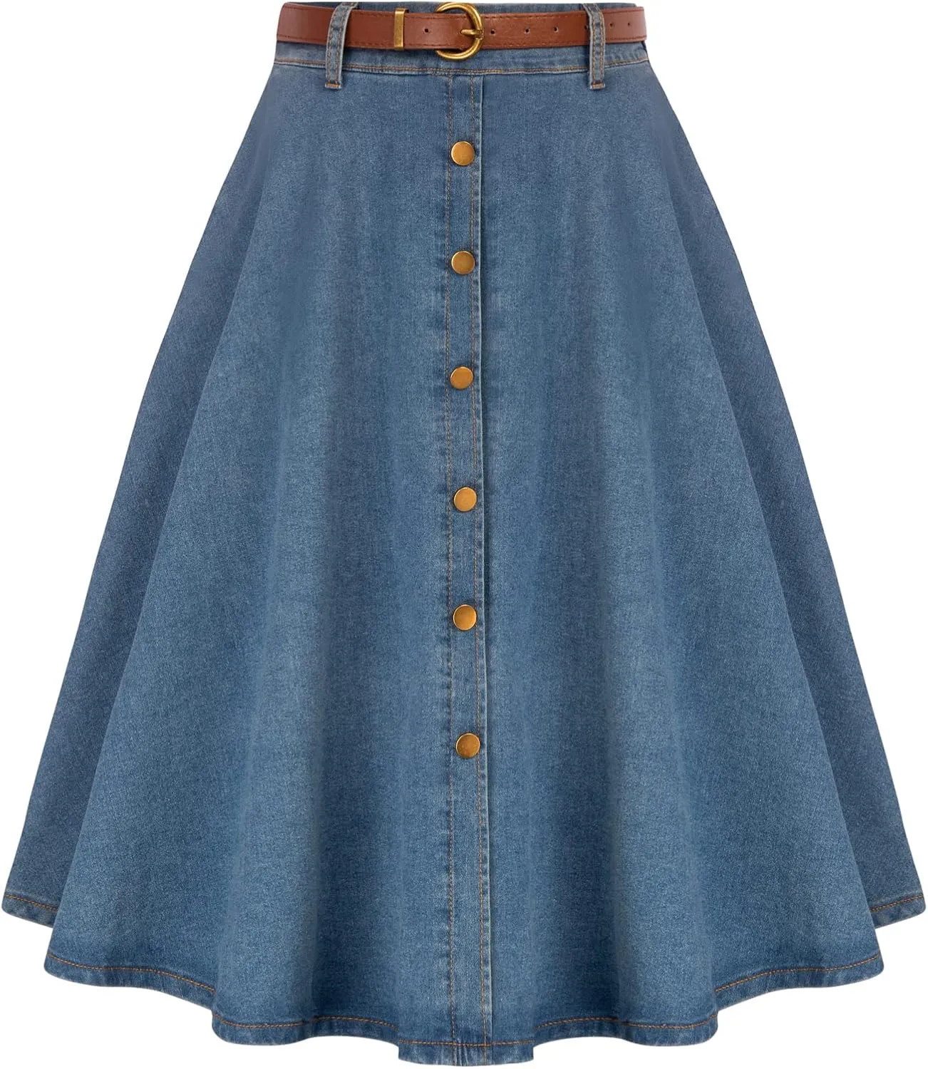 Belle Poque Women's Denim Skirts Vintage Below Knee Length High Waist A-Line Jean Skirts with Pockets