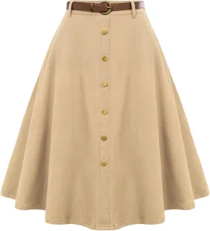 Belle Poque Women's Denim Skirts Vintage Below Knee Length High Waist A-Line Jean Skirts with Pockets