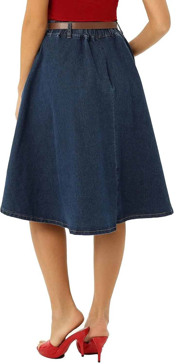 Belle Poque Women's Denim Skirts Vintage Below Knee Length High Waist A-Line Jean Skirts with Pockets