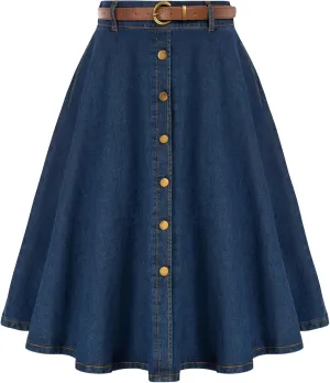 Belle Poque Women's Denim Skirts Vintage Below Knee Length High Waist A-Line Jean Skirts with Pockets