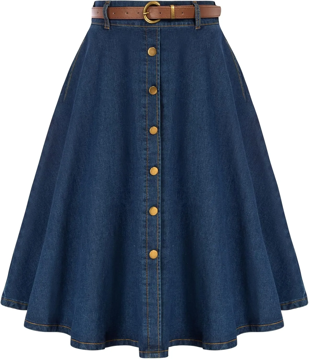 Belle Poque Women's Denim Skirts Vintage Below Knee Length High Waist A-Line Jean Skirts with Pockets