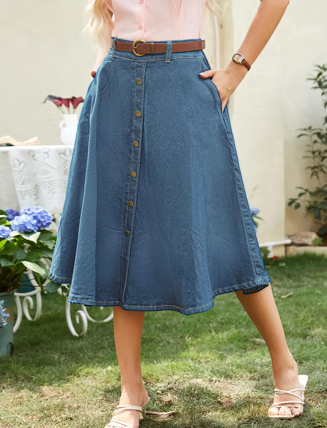 Belle Poque Women's Denim Skirts Vintage Below Knee Length High Waist A-Line Jean Skirts with Pockets