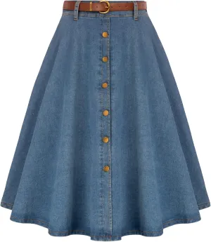 Belle Poque Women's Denim Skirts Vintage Below Knee Length High Waist A-Line Jean Skirts with Pockets