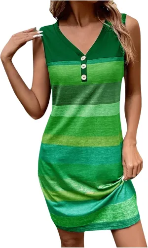 Binmer Women Summer Dresses Sleeveless Casual Loose Swing Button Down V Neck Midi Dress Vintage Colorblock Sundress Plus Size