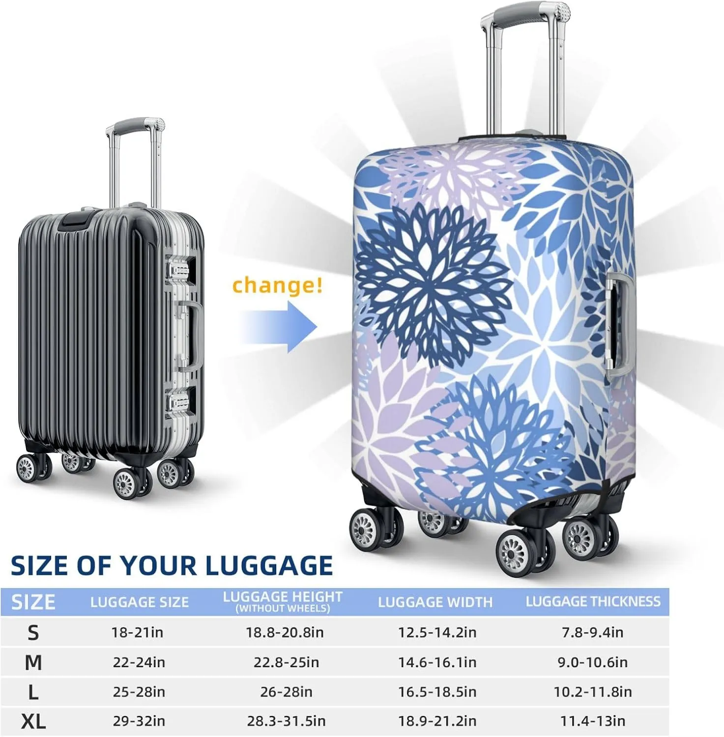 Blue Lilac Daisy Luggage Suitcase Covers Elastic Washable Chrysanthemum Flowers Luggage Protector Travel Suitcase Protective Cover For Kid And Adult, S (Fit 18-21 Inch Luggage)