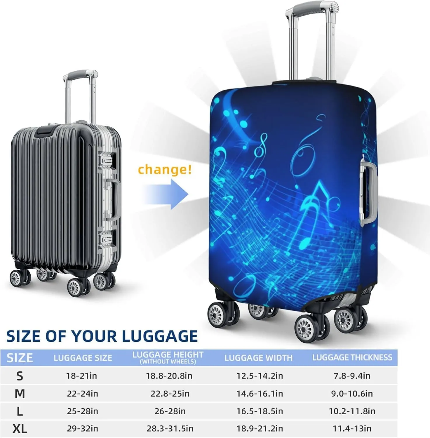 Blue Musical Notes Travel Luggage Cover Suitcase Protector Washable Elastic Suitcase Cover Anti-Scratch Luggage Protector Travel Suitcase Baggage Cover Fits 18-32 Inch Suitcase X-Large