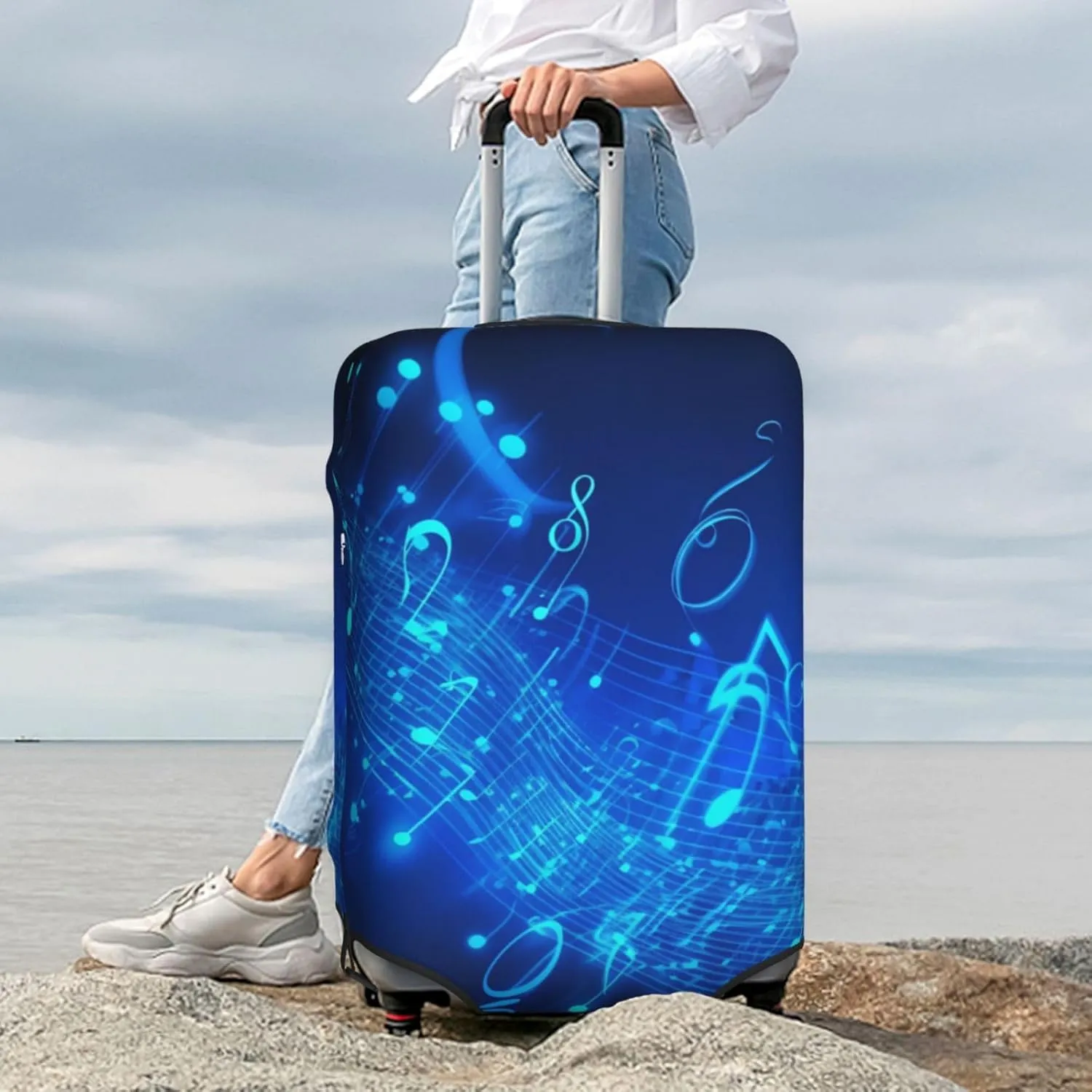 Blue Musical Notes Travel Luggage Cover Suitcase Protector Washable Elastic Suitcase Cover Anti-Scratch Luggage Protector Travel Suitcase Baggage Cover Fits 18-32 Inch Suitcase X-Large