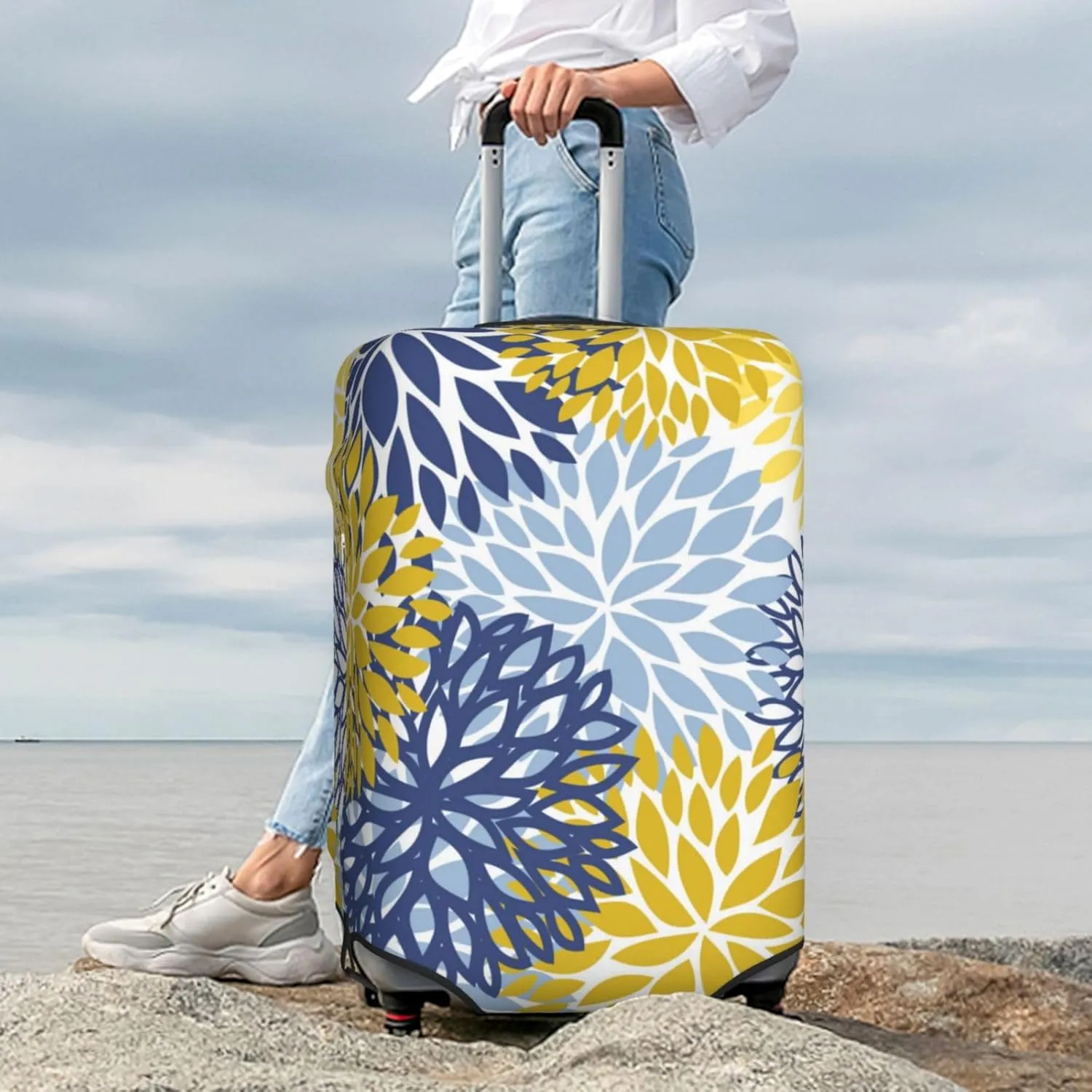 Blue Yellow Daisy Luggage Suitcase Covers Elastic Washable Chrysanthemum Flowers Luggage Protector Travel Suitcase Protective Cover For Kid And Adult, S (Fit 18-21 Inch Luggage)