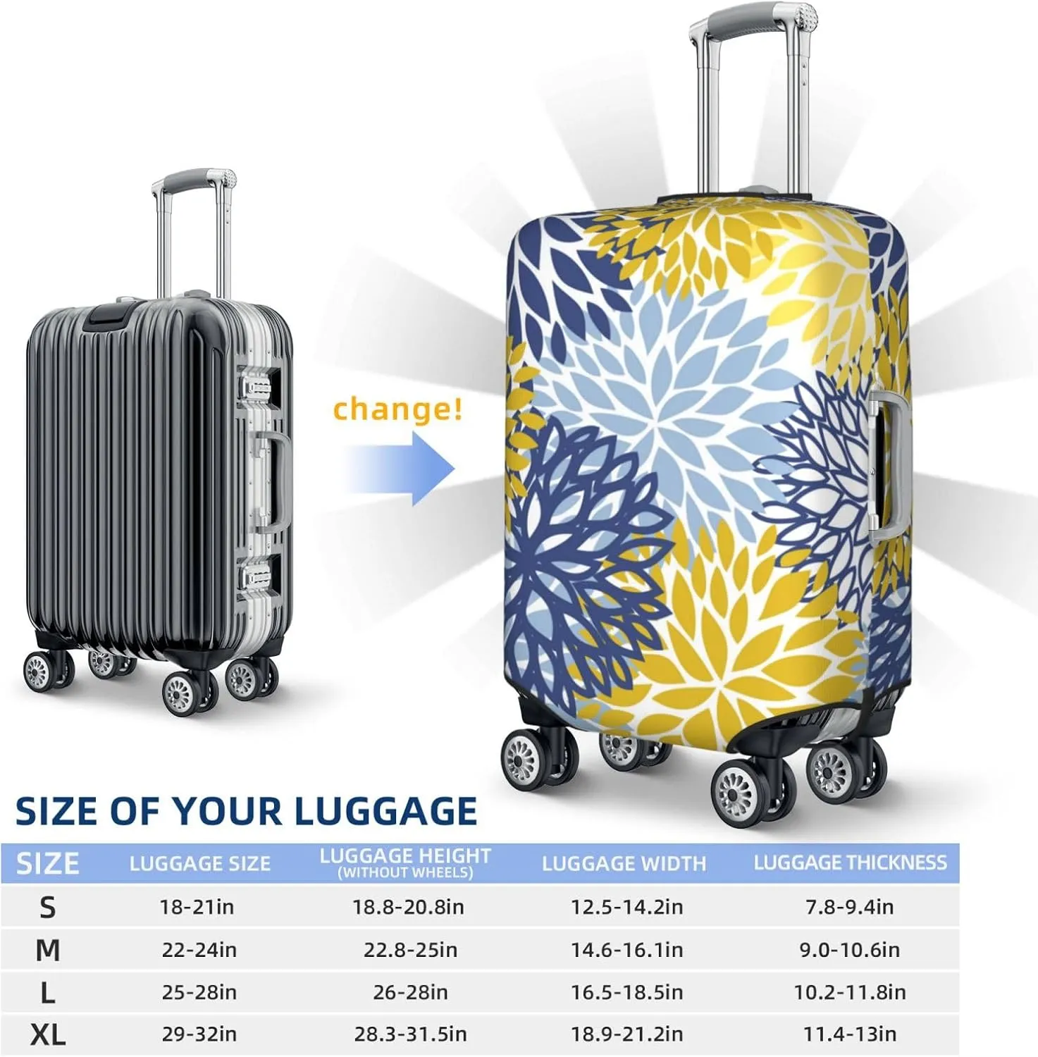 Blue Yellow Daisy Luggage Suitcase Covers Elastic Washable Chrysanthemum Flowers Luggage Protector Travel Suitcase Protective Cover For Kid And Adult, S (Fit 18-21 Inch Luggage)