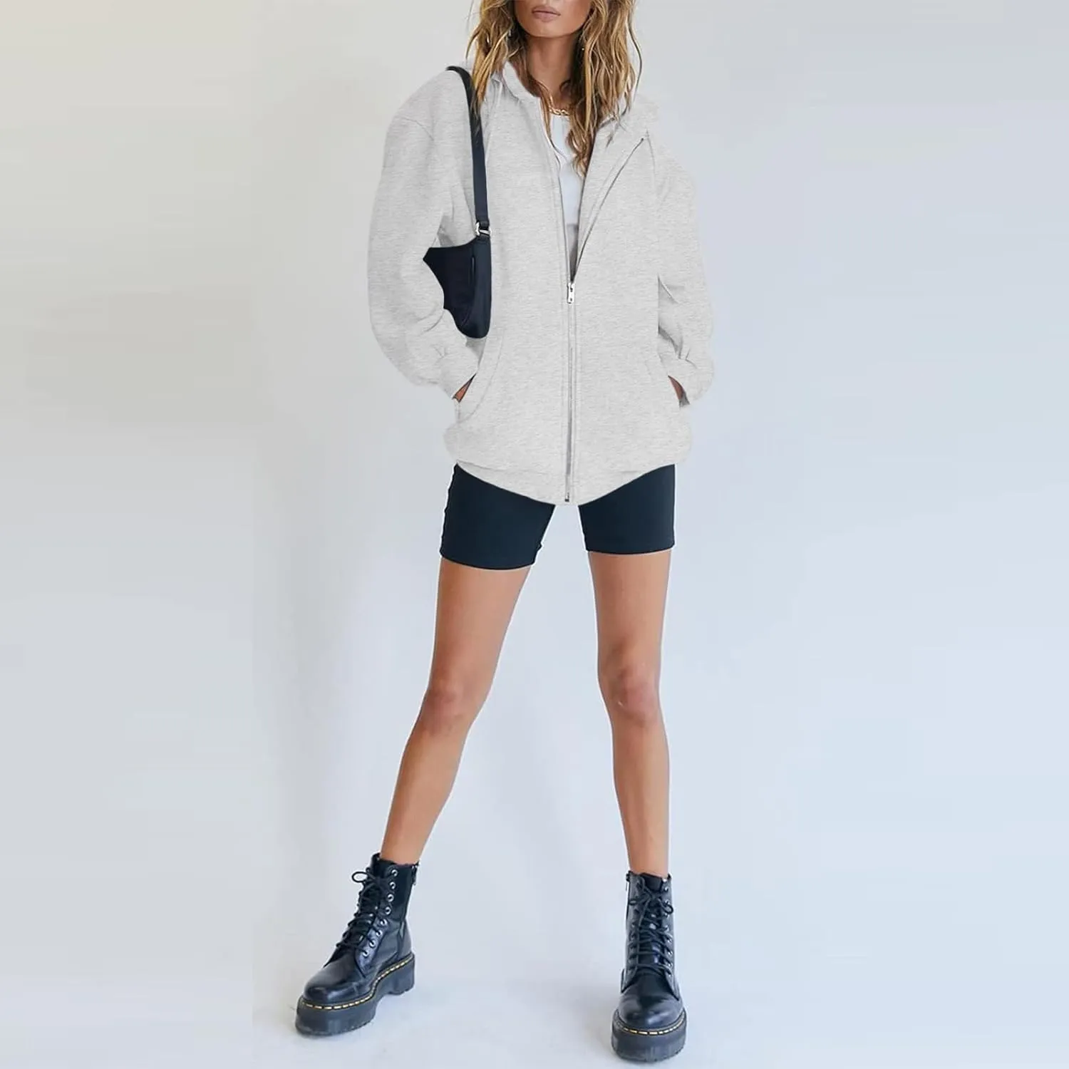 Bobeutou Womens Zip Up Y2K Hoodies Long Sleeve Fall Oversized Casual Drawstring Drop Shoulder Sweatshirts Jacket with Pocket