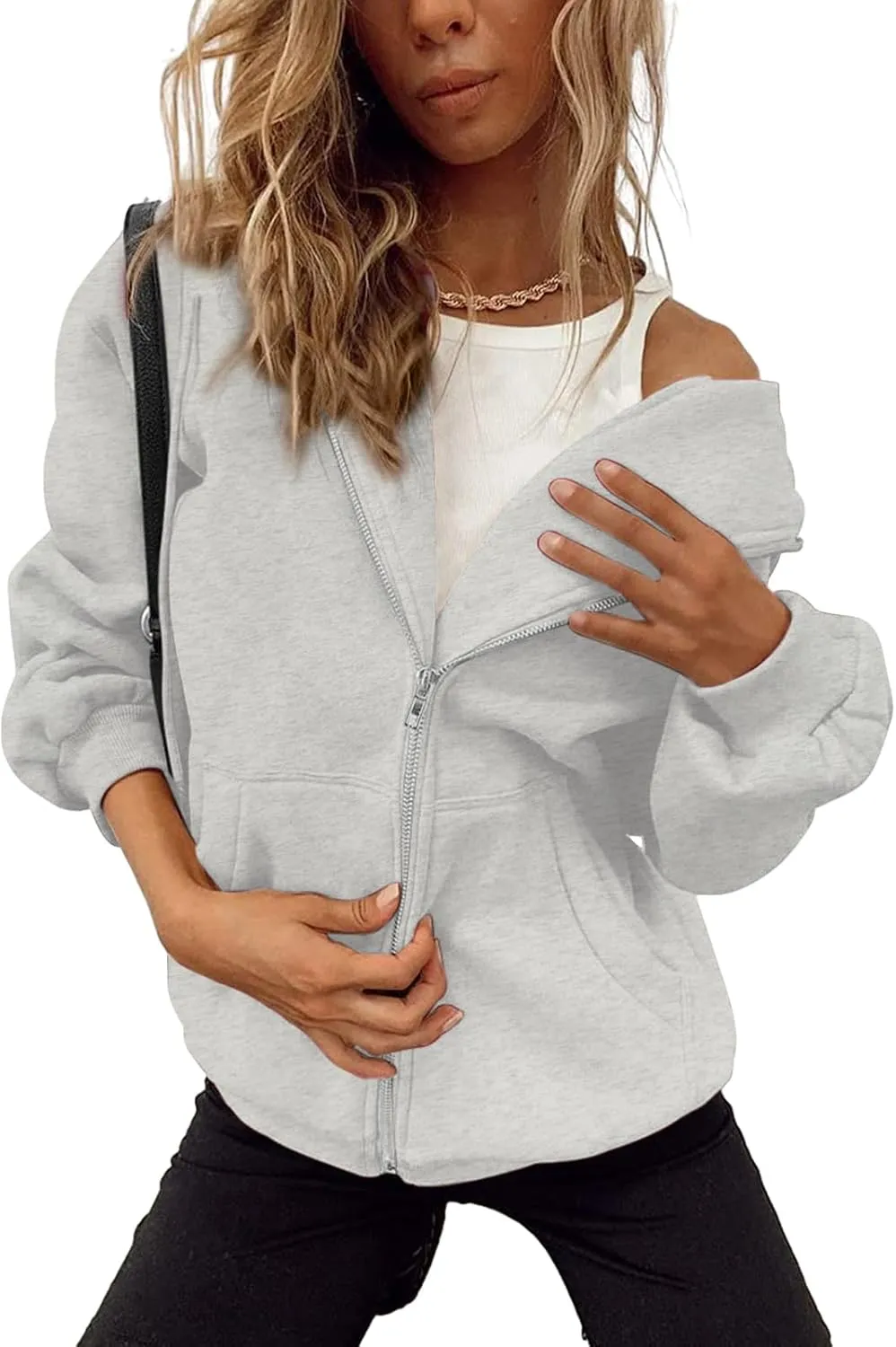 Bobeutou Womens Zip Up Y2K Hoodies Long Sleeve Fall Oversized Casual Drawstring Drop Shoulder Sweatshirts Jacket with Pocket