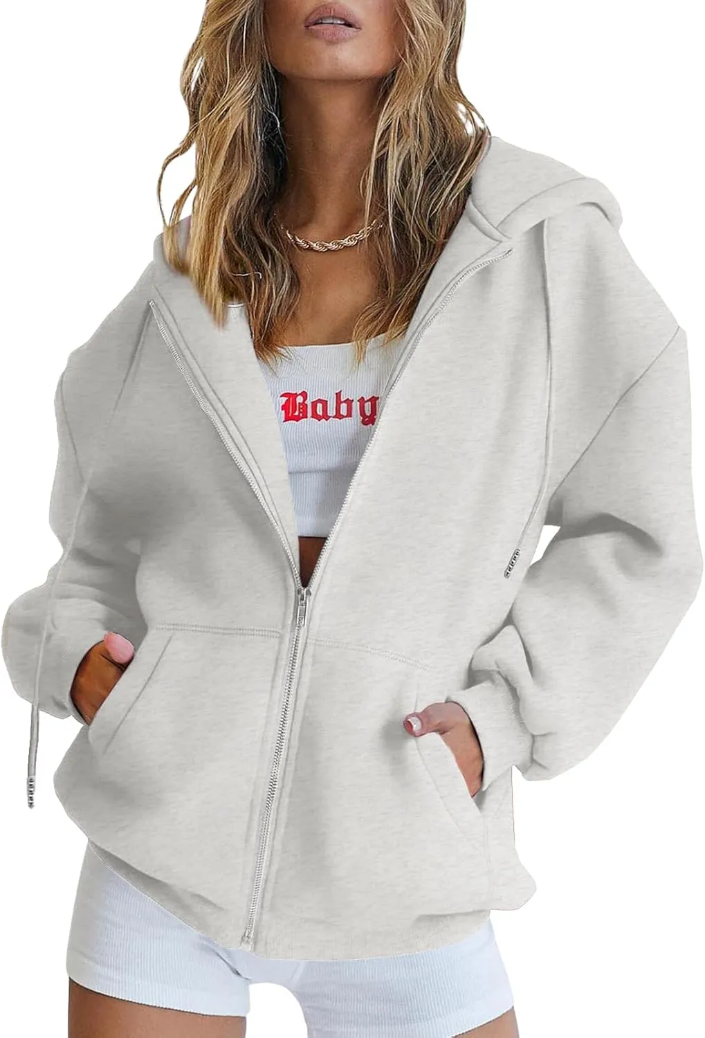 Bobeutou Womens Zip Up Y2K Hoodies Long Sleeve Fall Oversized Casual Drawstring Drop Shoulder Sweatshirts Jacket with Pocket