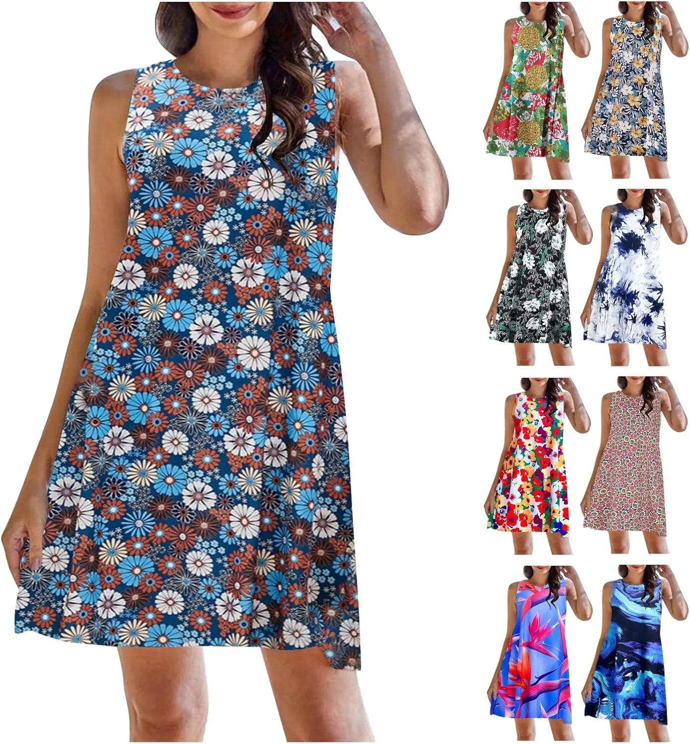 Boho Dresses for Women 2024 Summer Midi Dress Casual Spring Floral Print Tank Sleeveless Flowy Short Beach Sun Dress