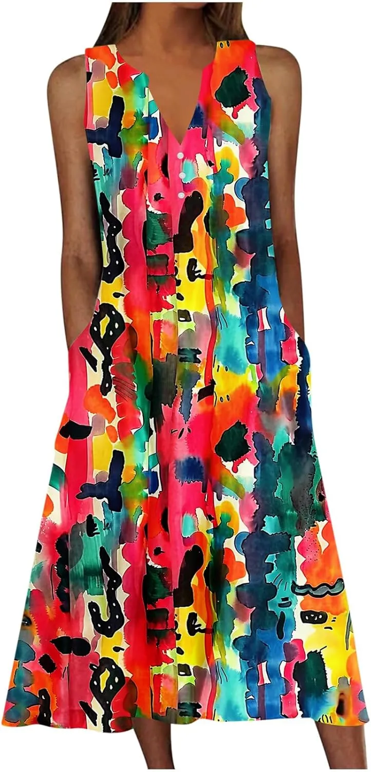 Boho Dresses for Women 2025 Bohemian Floral Print Sleeveless Crewneck Flowy Sun Dress Summer Beach Dress with Pockets
