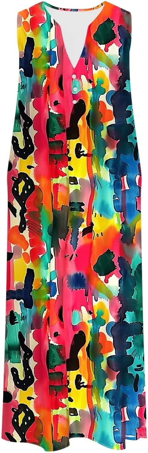 Boho Dresses for Women 2025 Bohemian Floral Print Sleeveless Crewneck Flowy Sun Dress Summer Beach Dress with Pockets
