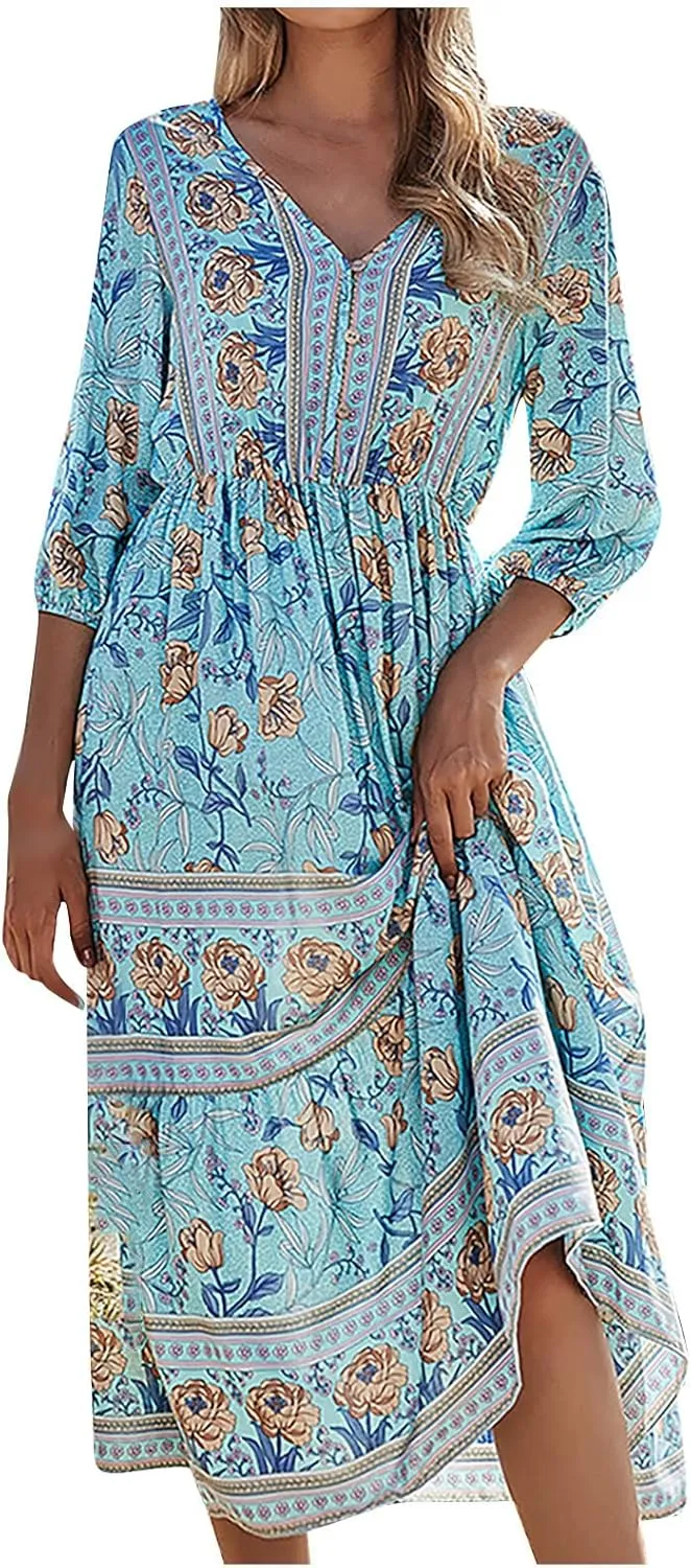 Boho Dresses for Women 2025 Summer Floral V-Neck Sleeves Puff Sleeve Maxi Dresses Flowy Beach Vacation Hawaiian Dress