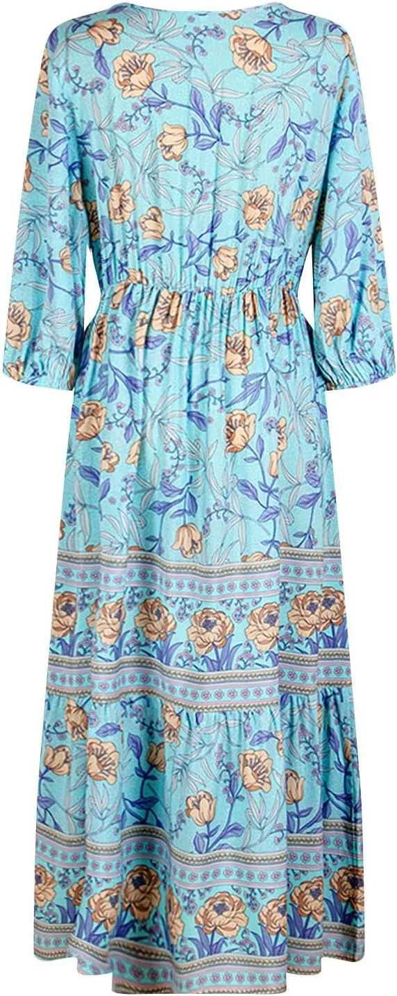 Boho Dresses for Women 2025 Summer Floral V-Neck Sleeves Puff Sleeve Maxi Dresses Flowy Beach Vacation Hawaiian Dress