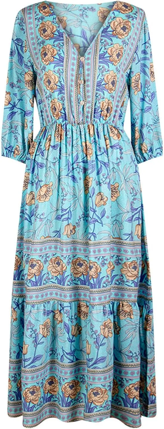 Boho Dresses for Women 2025 Summer Floral V-Neck Sleeves Puff Sleeve Maxi Dresses Flowy Beach Vacation Hawaiian Dress