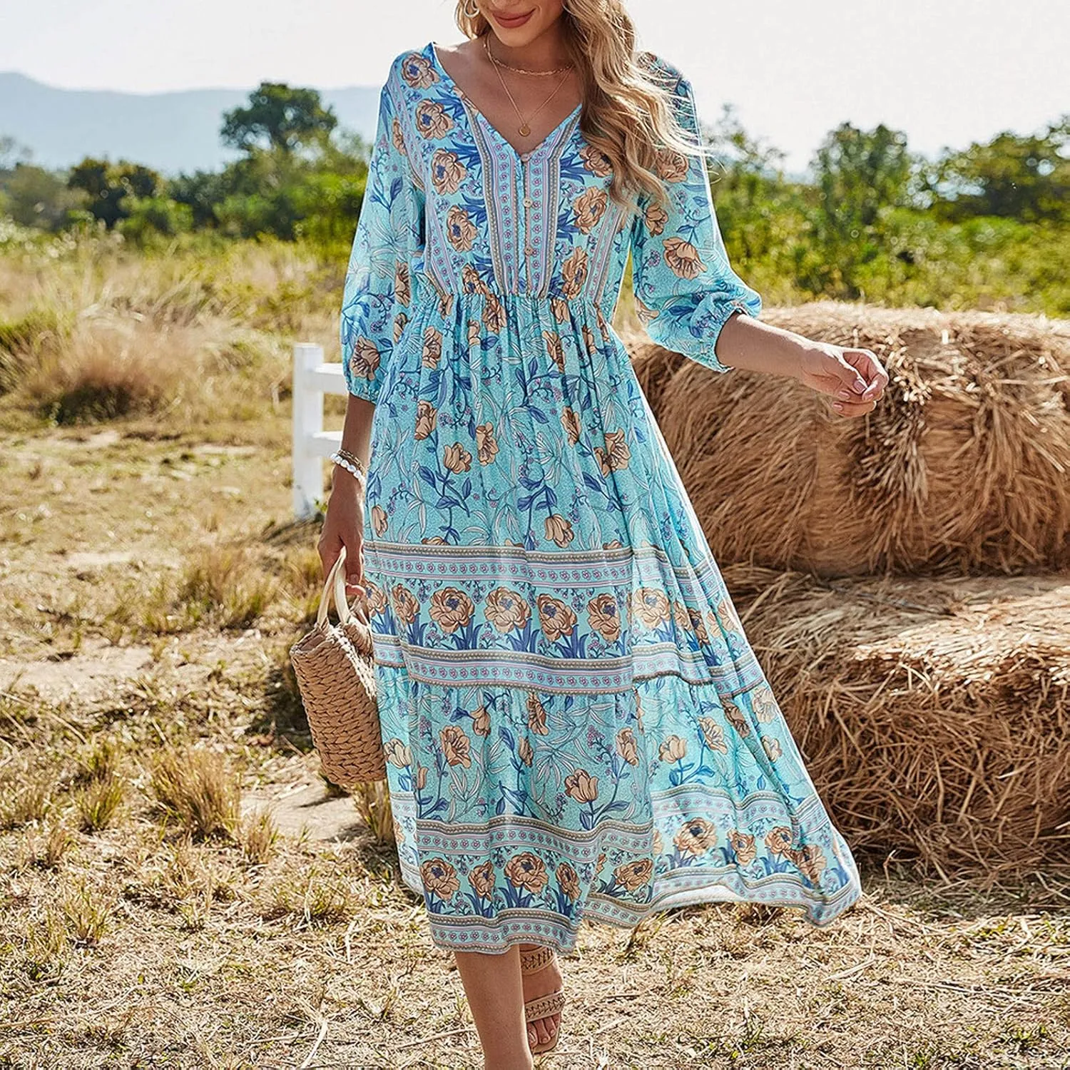 Boho Dresses for Women 2025 Summer Floral V-Neck Sleeves Puff Sleeve Maxi Dresses Flowy Beach Vacation Hawaiian Dress